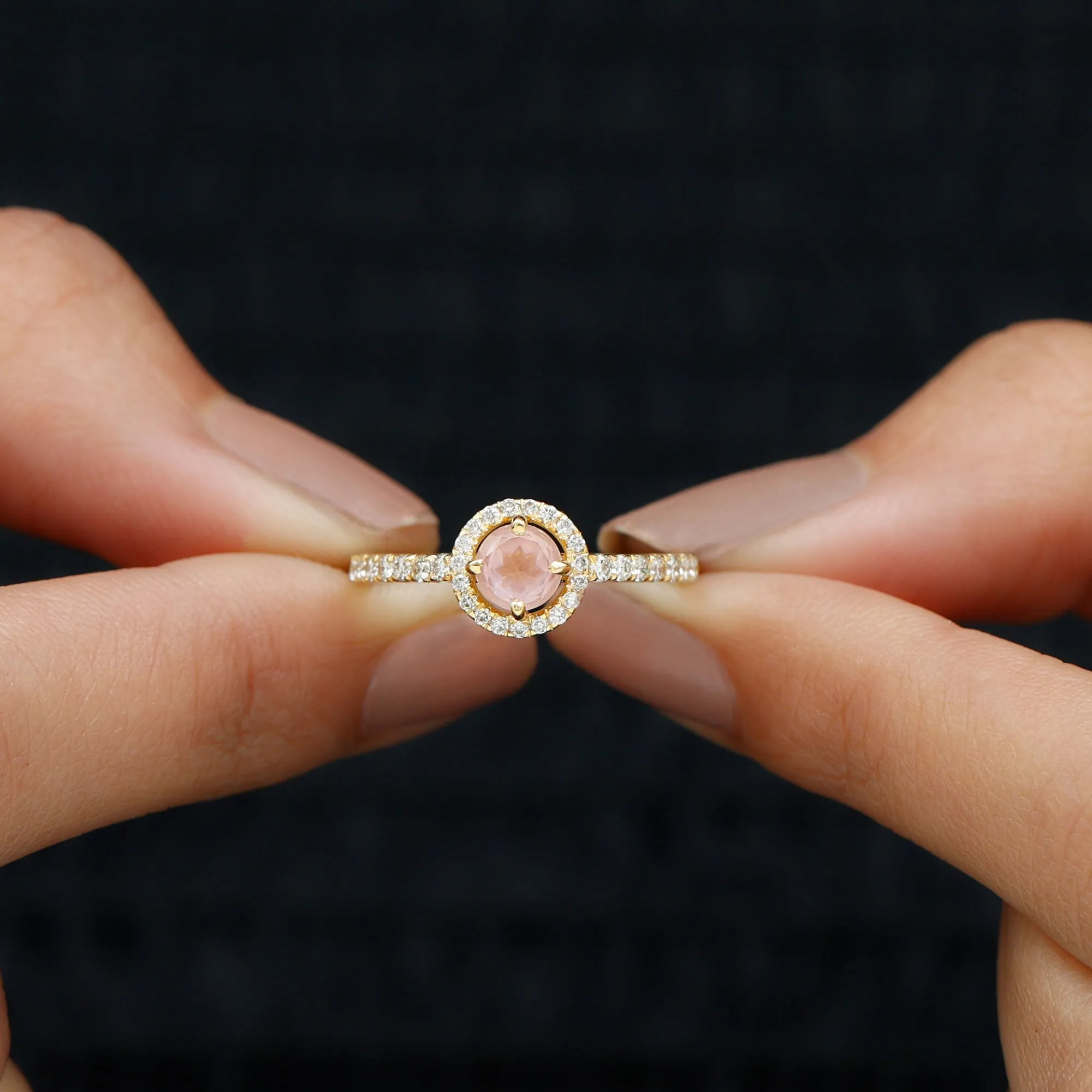 Minimal Rose Quartz Halo Engagement Ring with Diamond