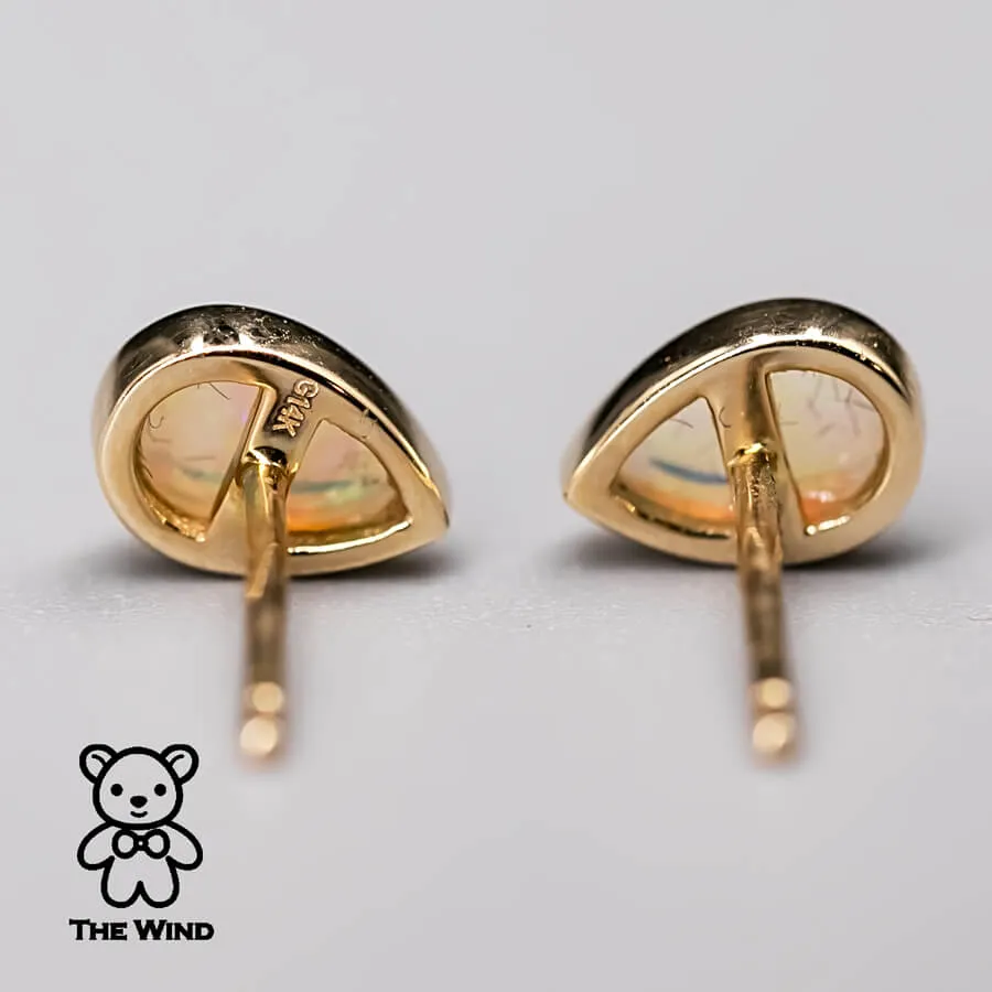 Minimalist Pear Shaped Australian Solid Opal Stud Earrings 14K Yellow Gold