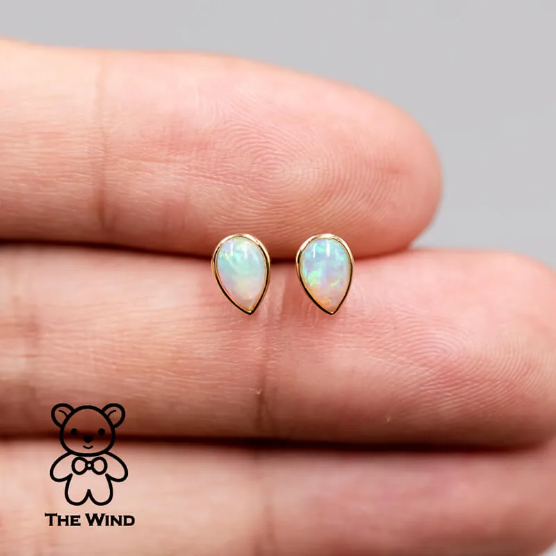 Minimalist Pear Shaped Australian Solid Opal Stud Earrings 14K Yellow Gold