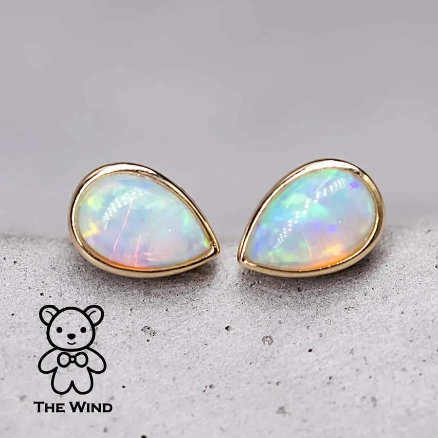 Minimalist Pear Shaped Australian Solid Opal Stud Earrings 14K Yellow Gold