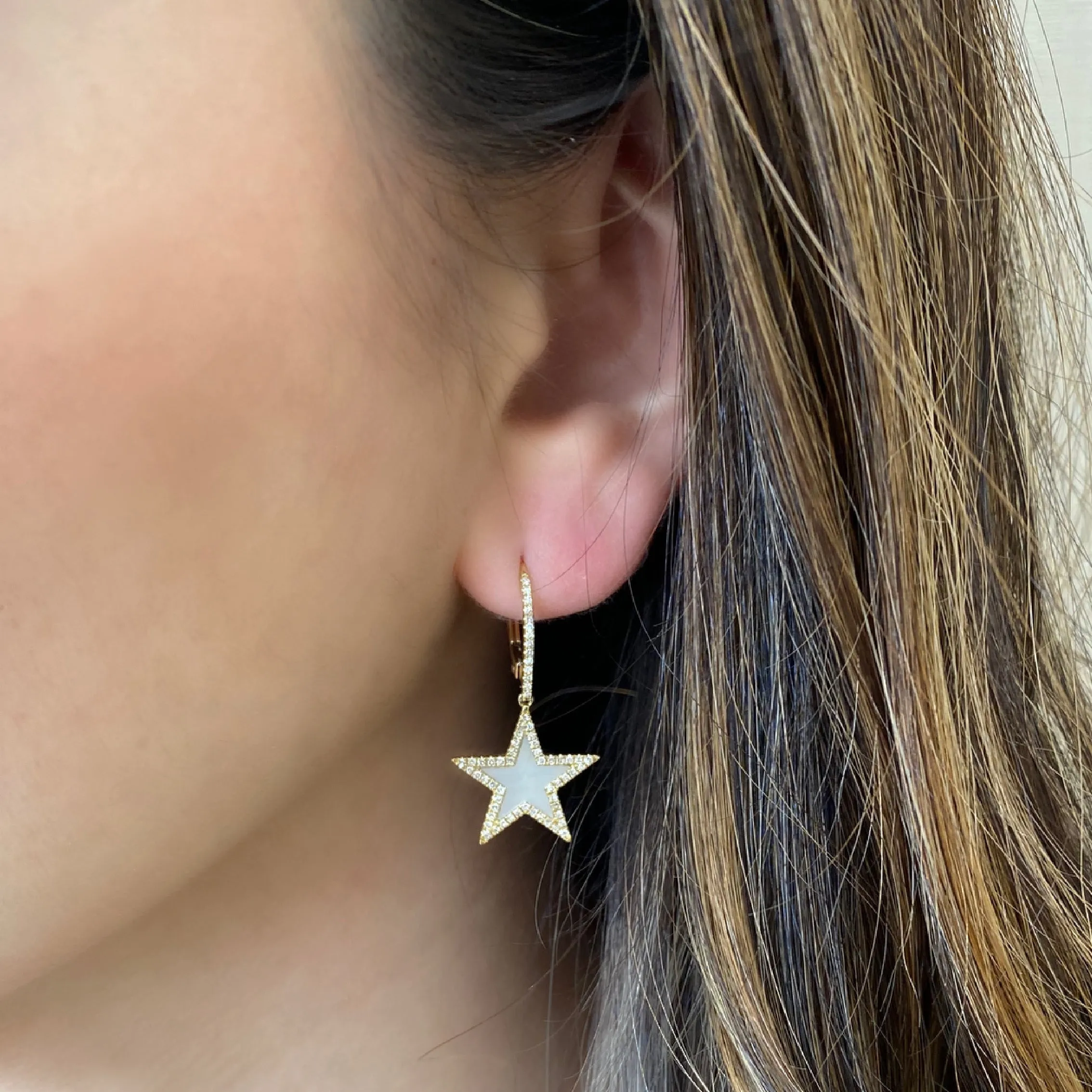 Mother of Pearl & Diamond Star Lever-Back Earrings