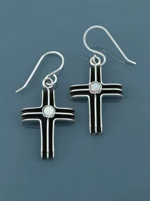 Native American Sterling Silver Opalite Dangle Cross Earrings