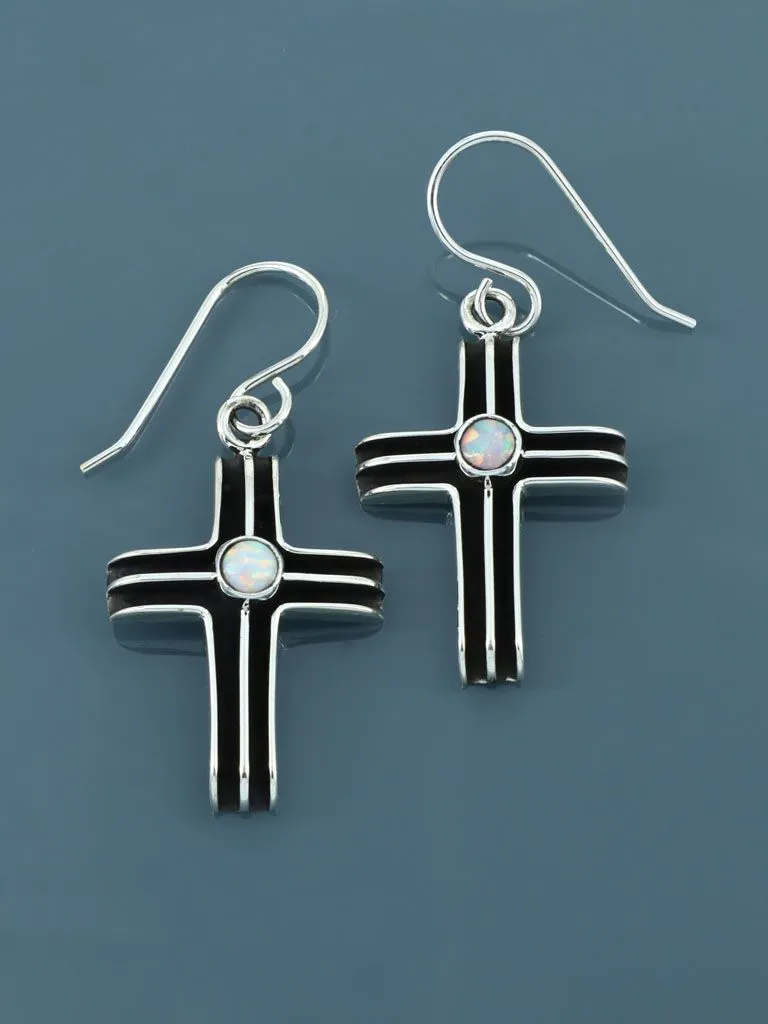 Native American Sterling Silver Opalite Dangle Cross Earrings