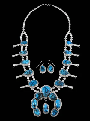 Native American Sterling Silver Turquoise Mountain Squash Blossom Necklace Set