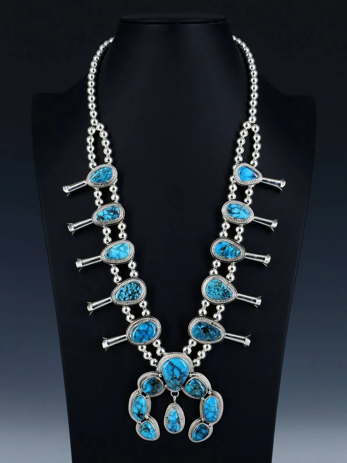 Native American Sterling Silver Turquoise Mountain Squash Blossom Necklace Set