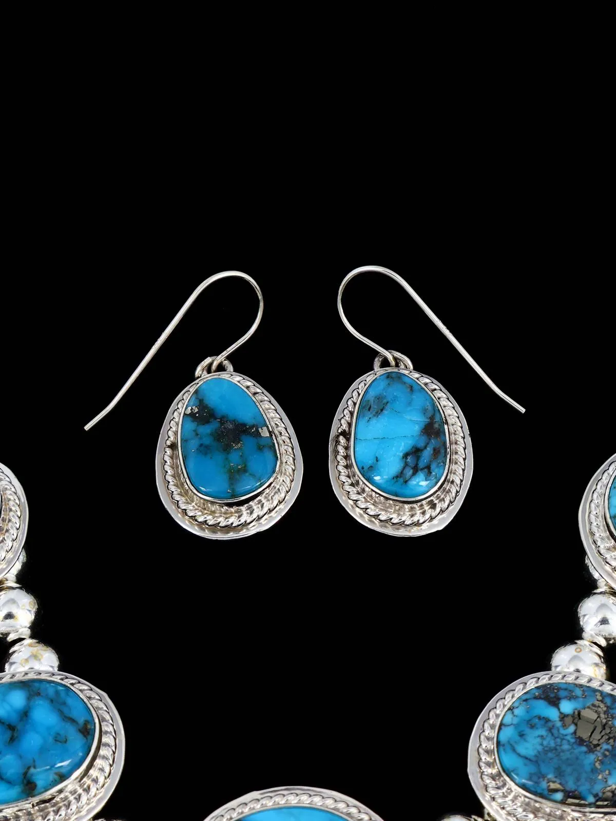 Native American Sterling Silver Turquoise Mountain Squash Blossom Necklace Set
