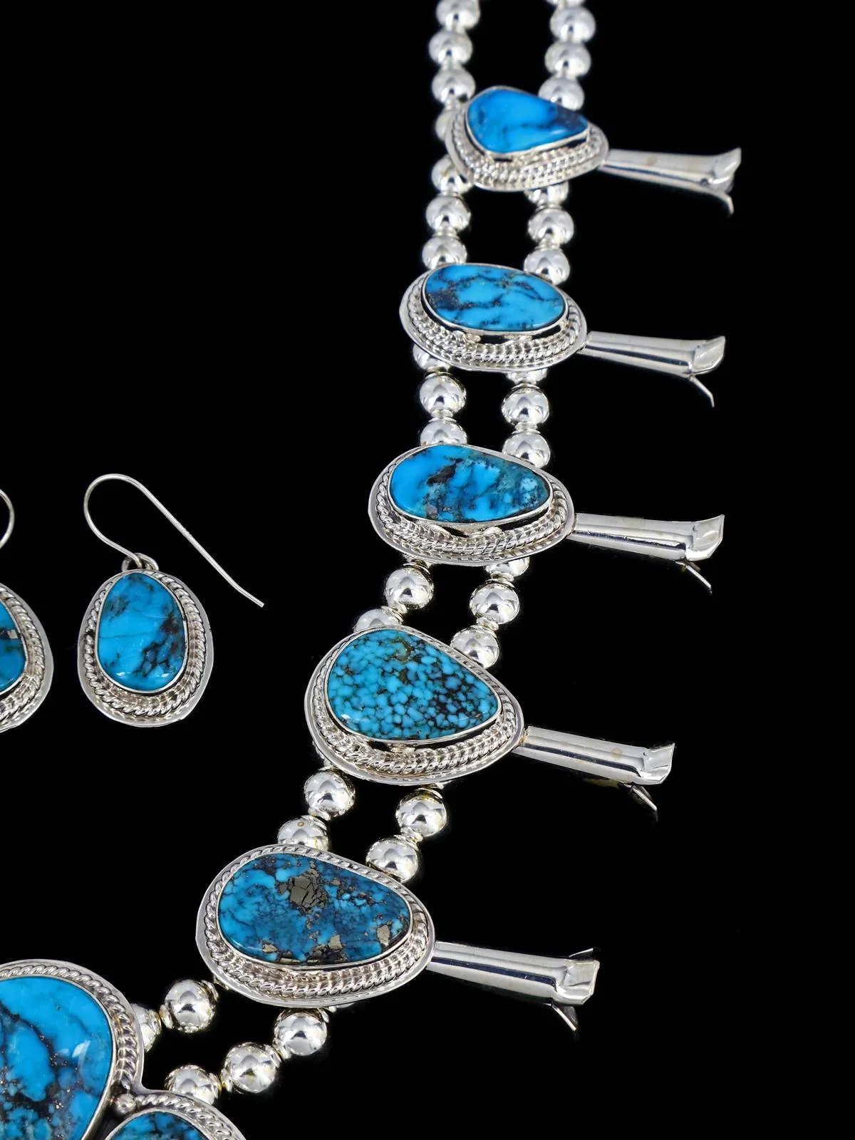 Native American Sterling Silver Turquoise Mountain Squash Blossom Necklace Set