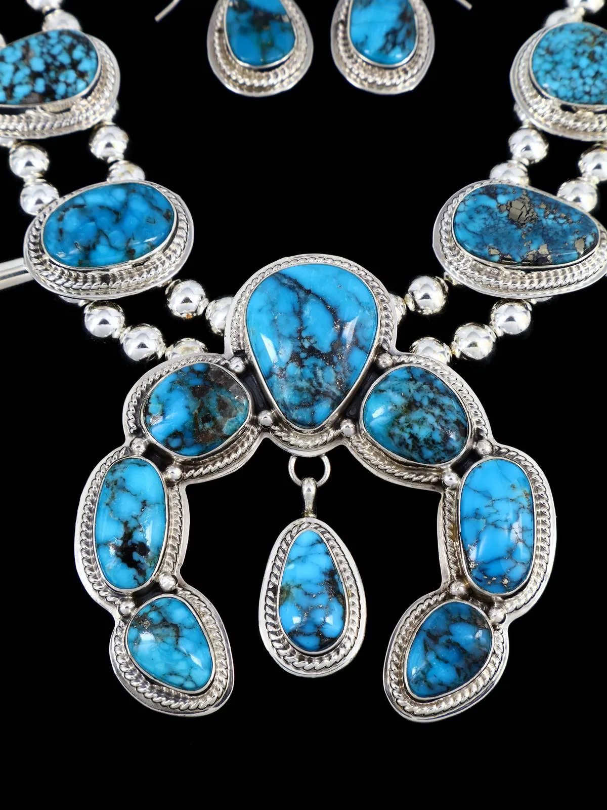 Native American Sterling Silver Turquoise Mountain Squash Blossom Necklace Set