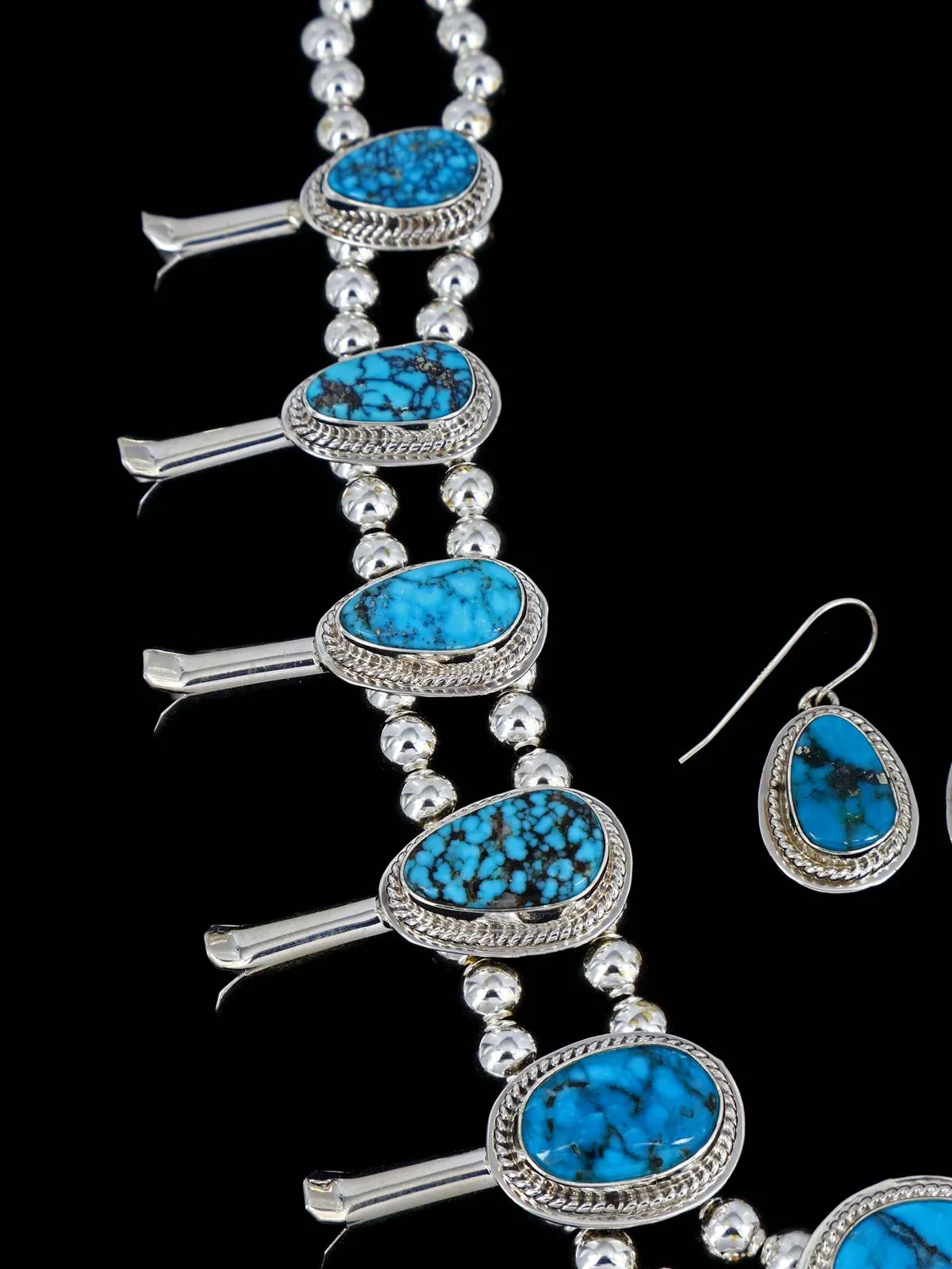 Native American Sterling Silver Turquoise Mountain Squash Blossom Necklace Set