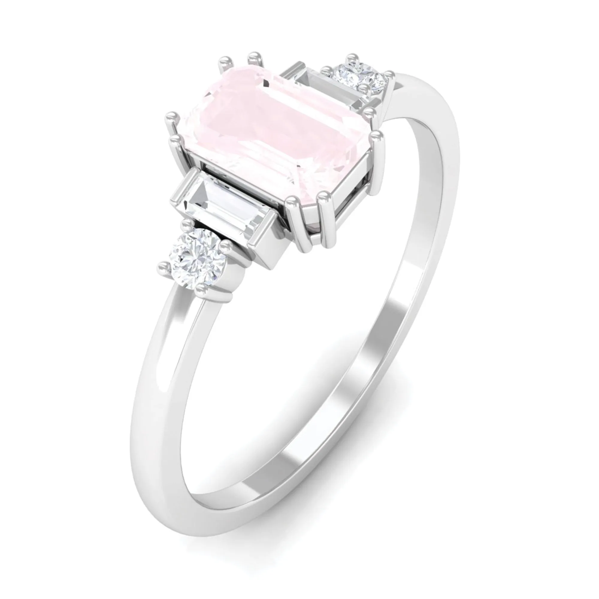Natural Rose Quartz Solitaire Ring with Diamond Side Stones