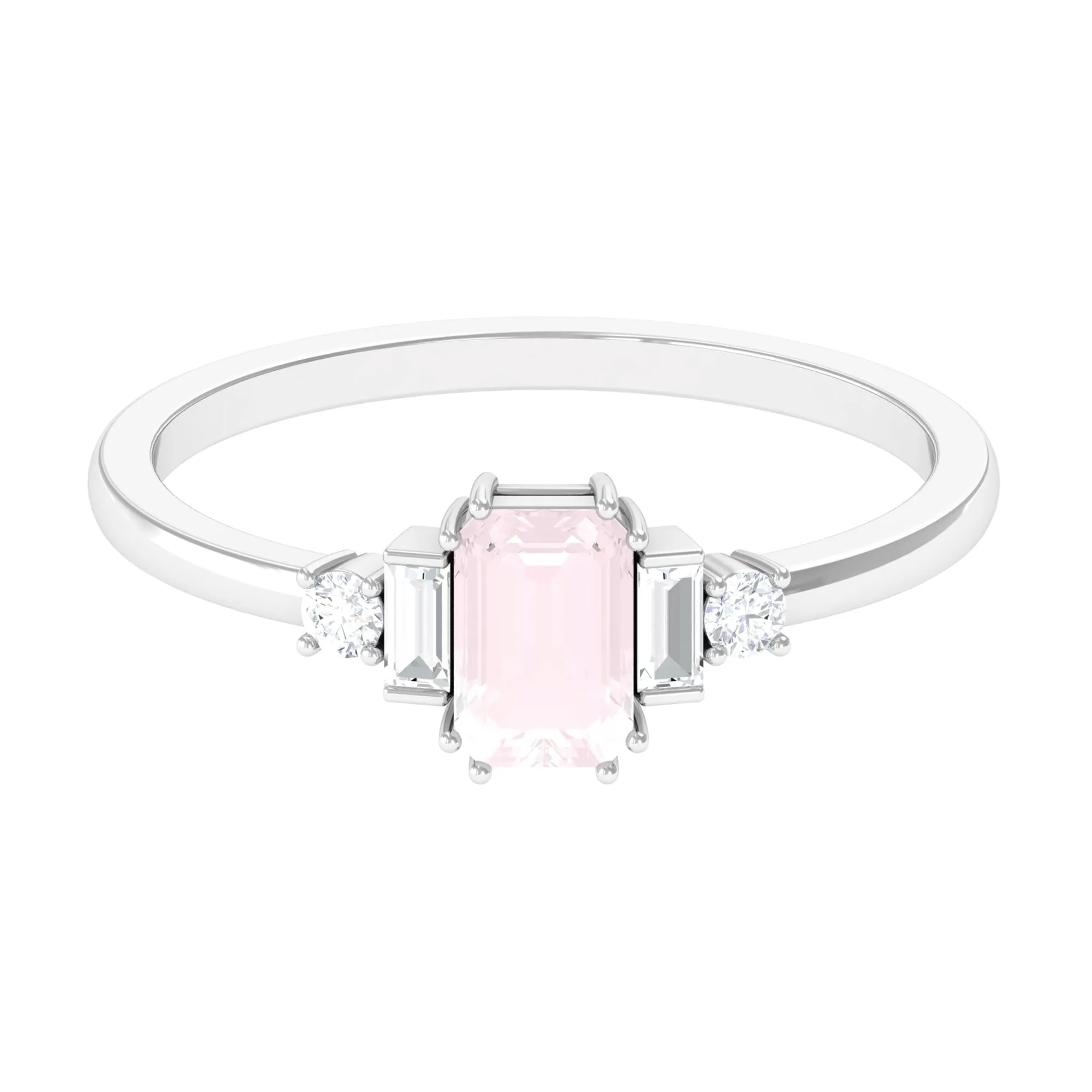 Natural Rose Quartz Solitaire Ring with Diamond Side Stones
