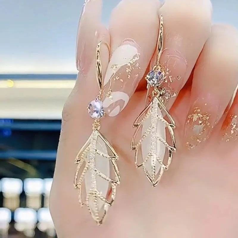 Nature-Inspired Leaf Opal Pendant Dangle Earrings