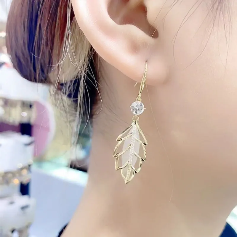 Nature-Inspired Leaf Opal Pendant Dangle Earrings