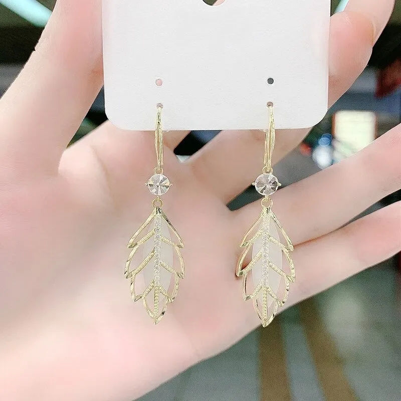 Nature-Inspired Leaf Opal Pendant Dangle Earrings