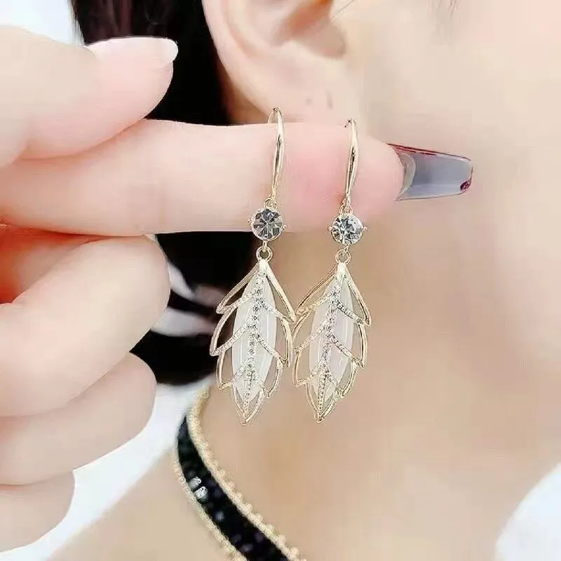 Nature-Inspired Leaf Opal Pendant Dangle Earrings