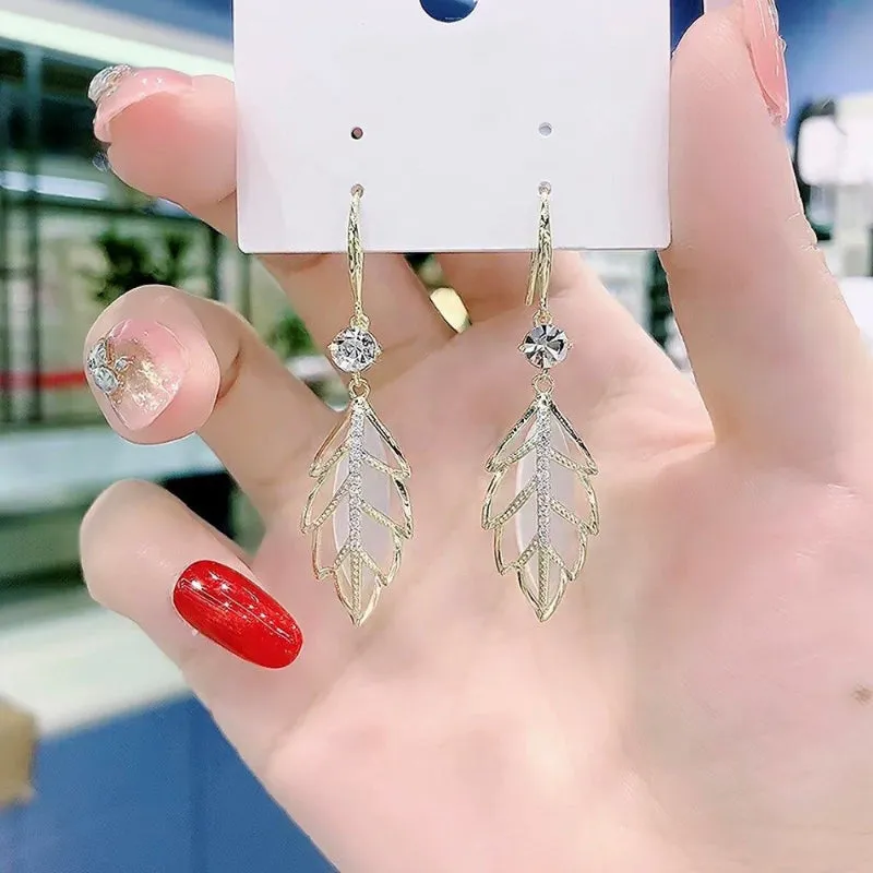 Nature-Inspired Leaf Opal Pendant Dangle Earrings