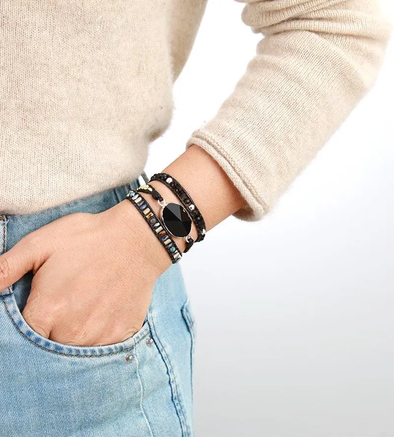 Onyx Charm Wax Cord Wrap Bracelet