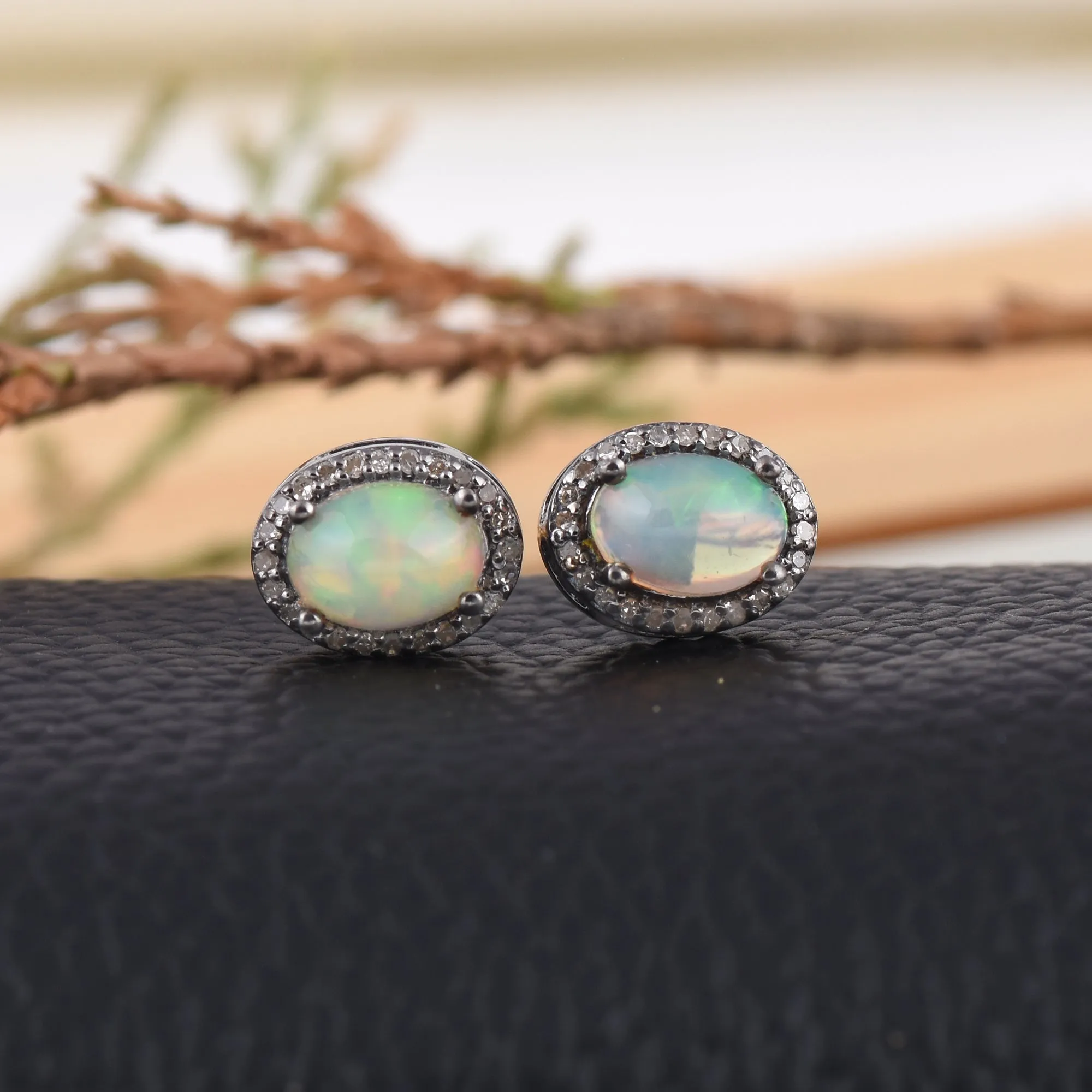 Opal & Diamond Halo Studs Earrings