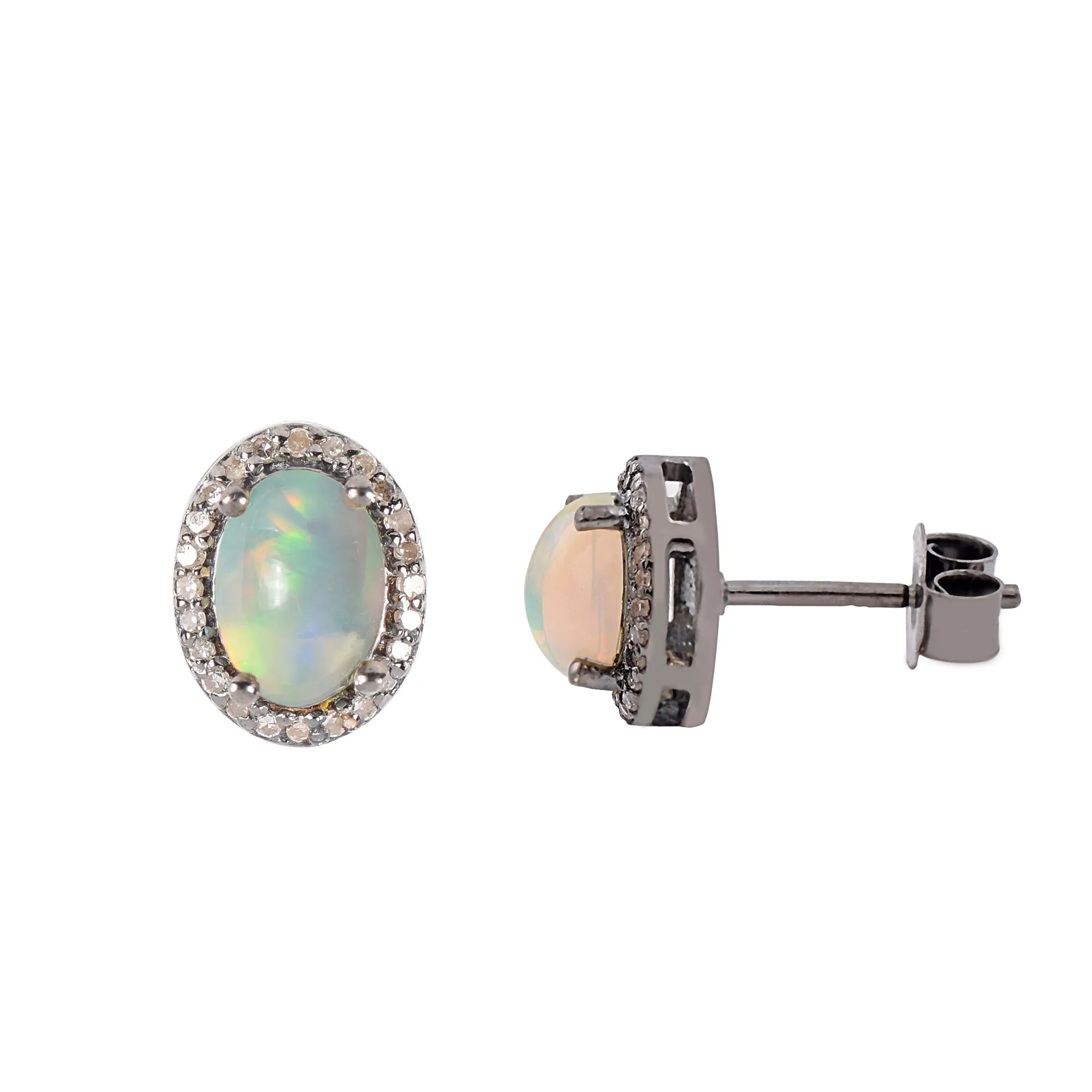 Opal & Diamond Halo Studs Earrings