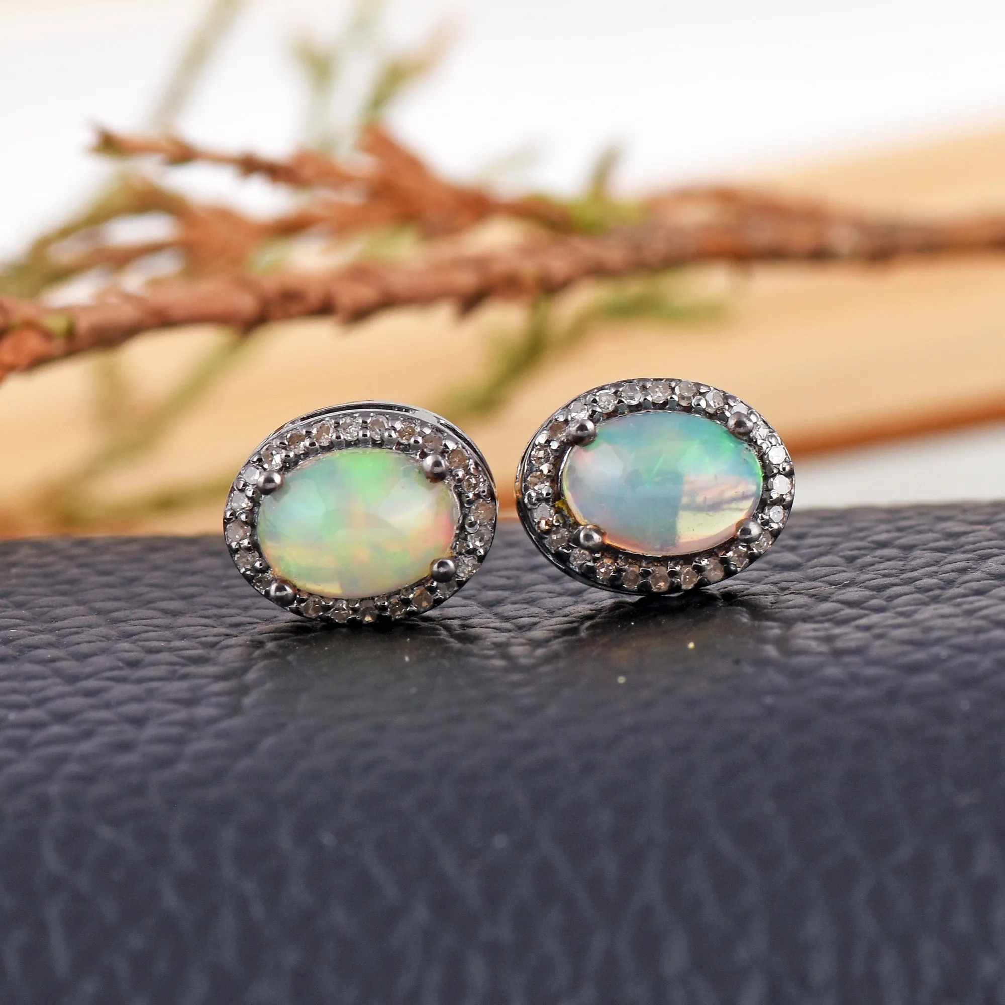 Opal & Diamond Halo Studs Earrings