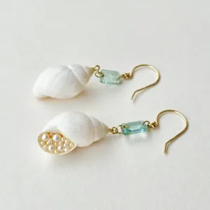 pearl laden seashell and aquamarine gold earrings