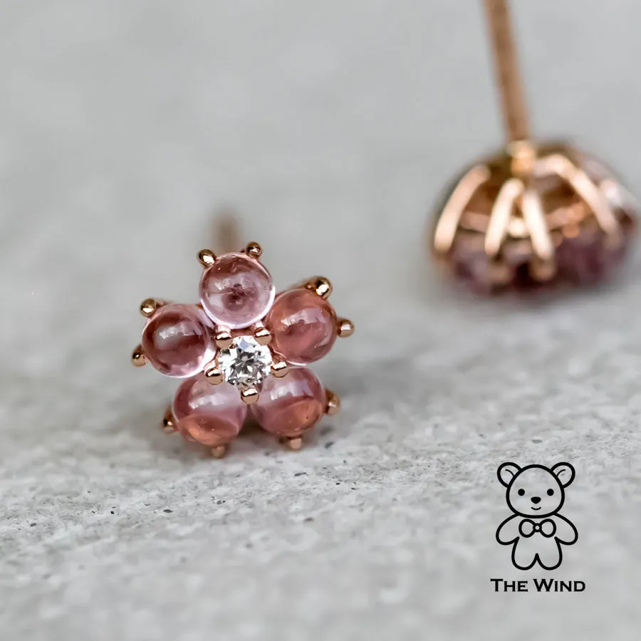 Plum Blossom Sakura Flower Pink Sapphire Diamond Stud Earrings 18k Rose Gold