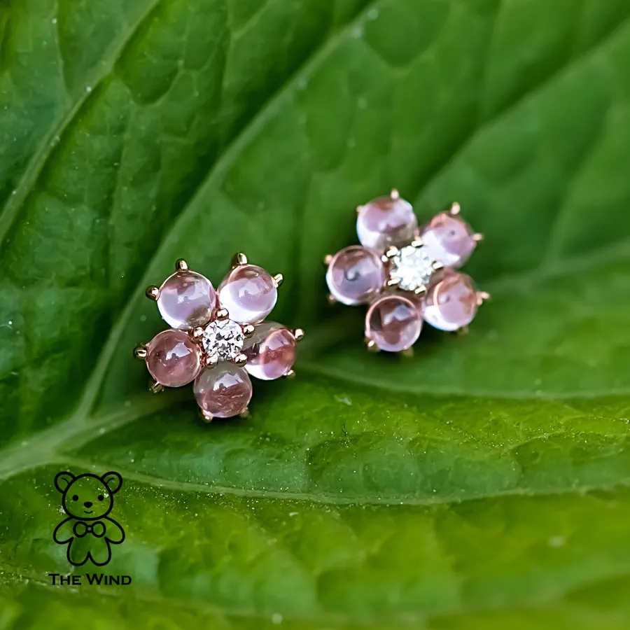 Plum Blossom Sakura Flower Pink Sapphire Diamond Stud Earrings 18k Rose Gold