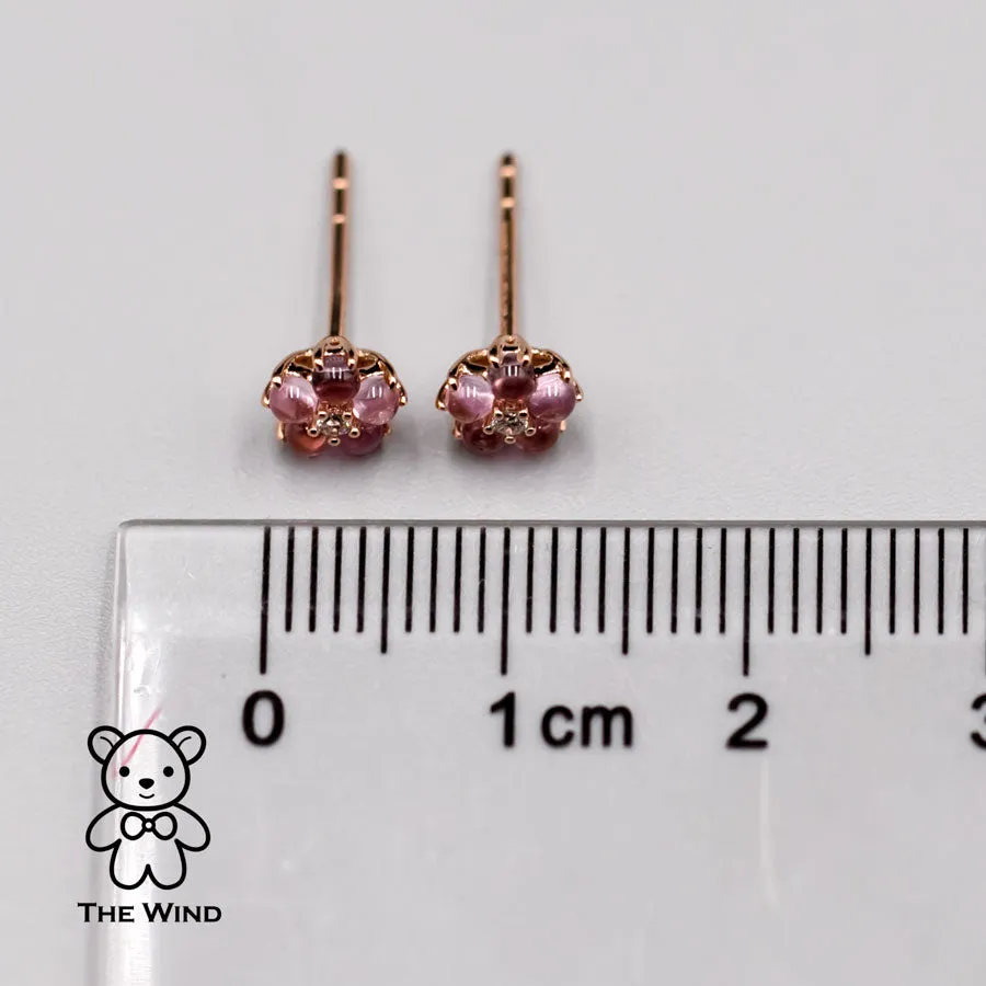 Plum Blossom Sakura Flower Pink Sapphire Diamond Stud Earrings 18k Rose Gold