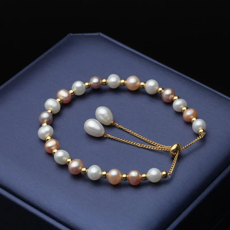 Real Natural Coloful round Pearl Bracelet adjustable