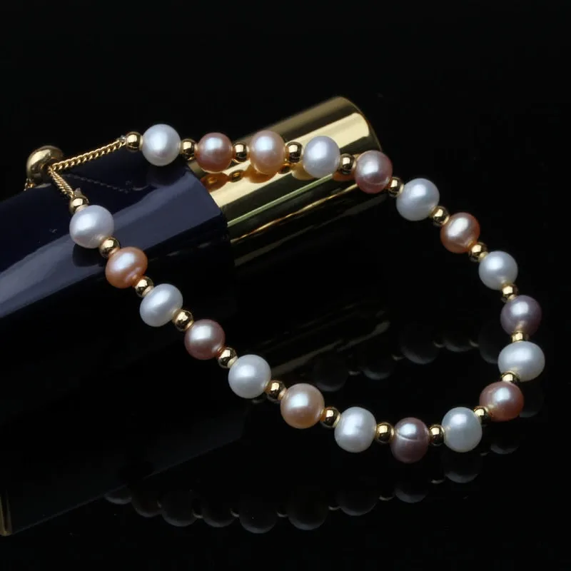 Real Natural Coloful round Pearl Bracelet adjustable