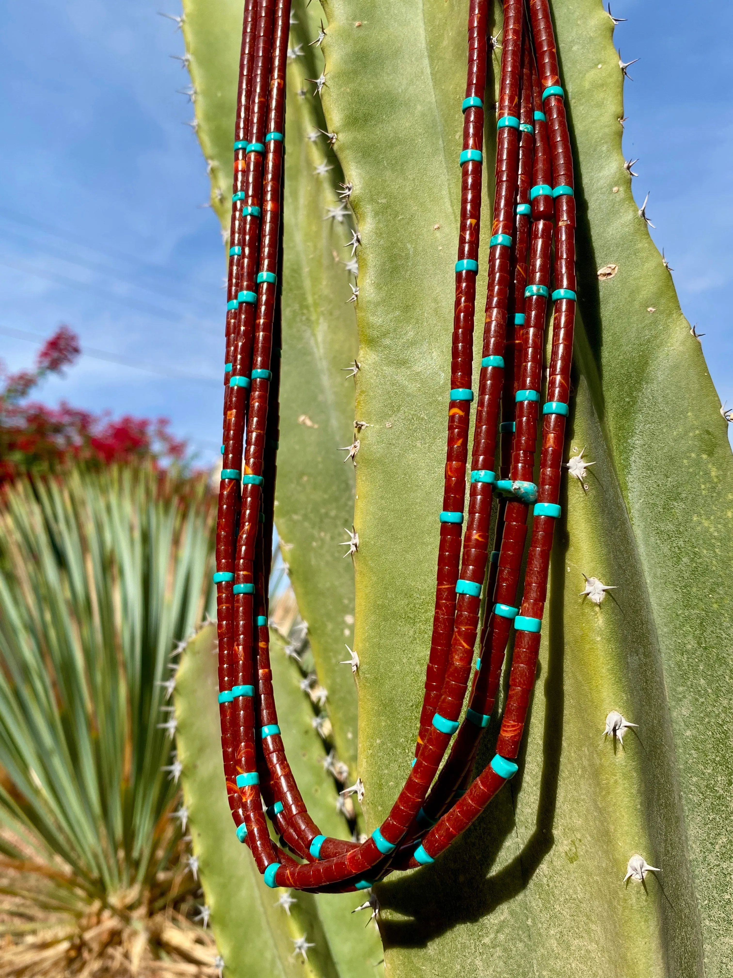 Red Jasper and Turquoise Heishi Five Strand Necklace