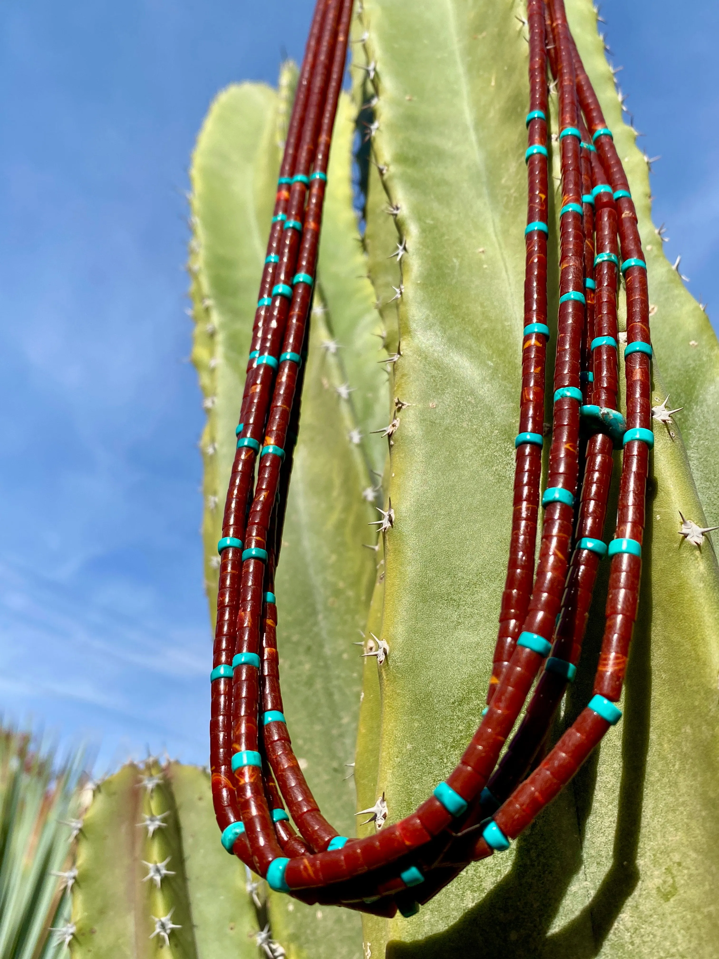Red Jasper and Turquoise Heishi Five Strand Necklace