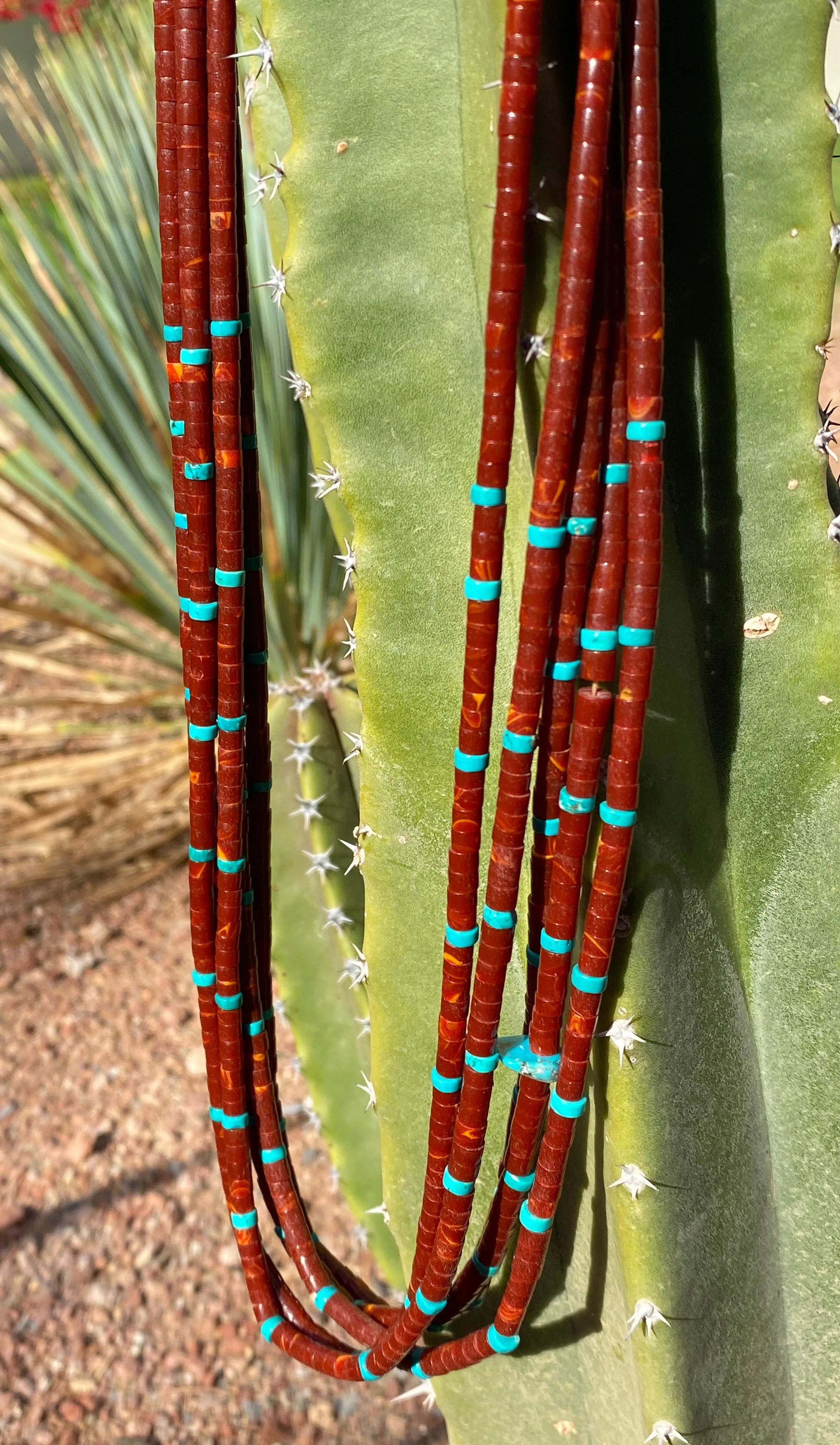 Red Jasper and Turquoise Heishi Five Strand Necklace