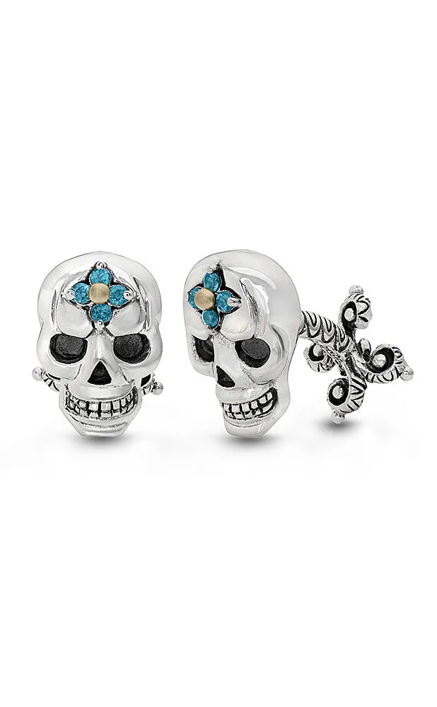 Roses Never Die Skull Cufflinks – London Blue Topaz