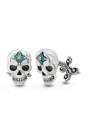 Roses Never Die Skull Cufflinks – London Blue Topaz