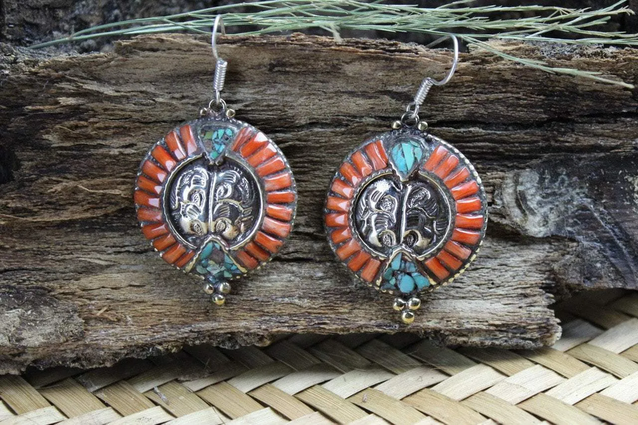Round Coral with Turquoise Earrings