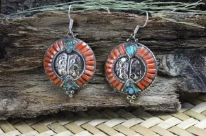 Round Coral with Turquoise Earrings