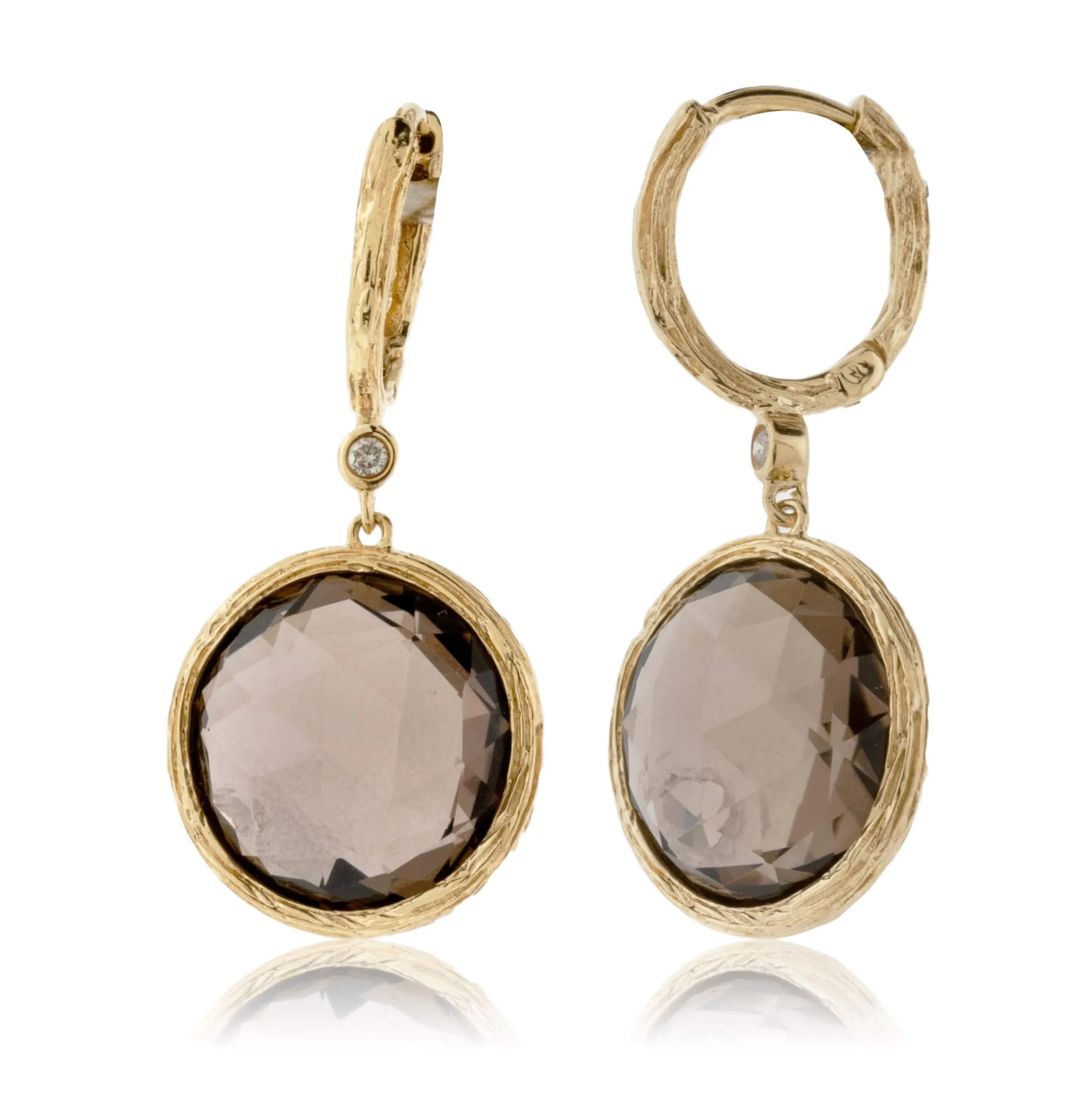 Round Smoky Quartz Dangle Earrings in Yellow Gold