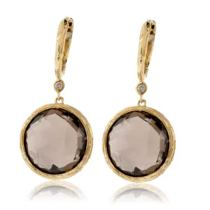 Round Smoky Quartz Dangle Earrings in Yellow Gold