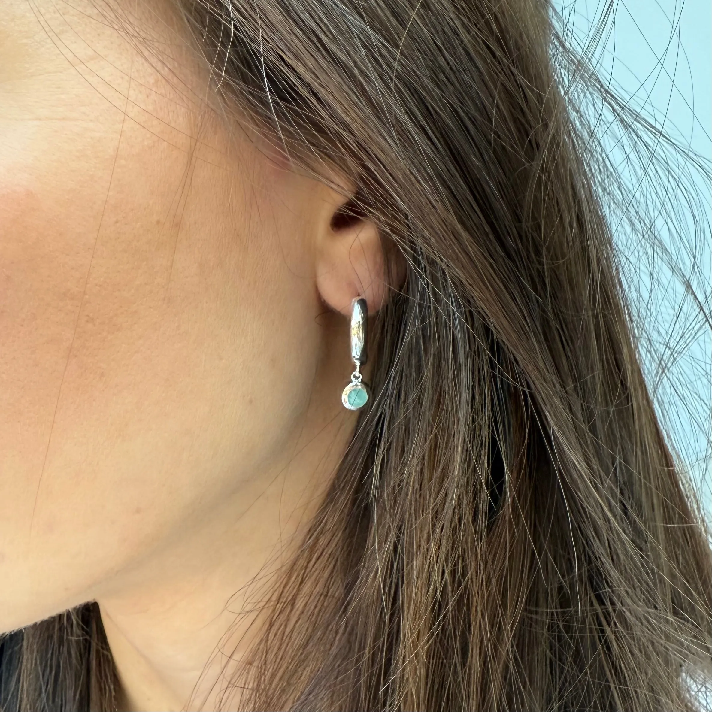 Silver Amazonite charm hoops
