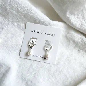 Silver Pearl Huggie Hoops
