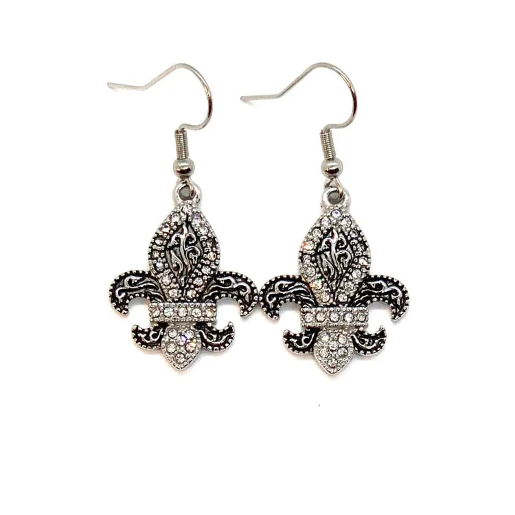 SK2278E Fleur De lis Mini Mini 3/8" Wide Stainless Steel Crystal Earrings