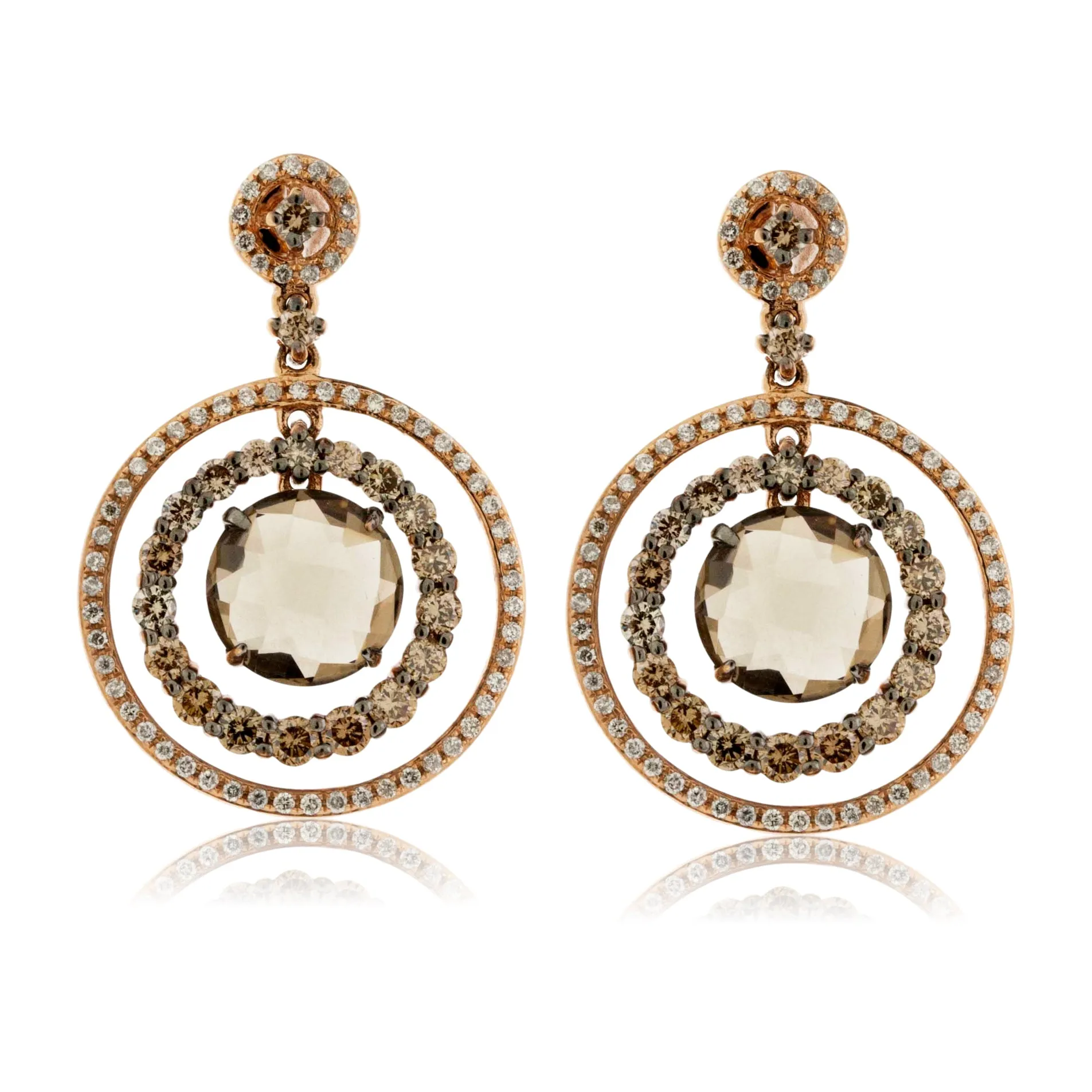 Smokey Quartz and Diamond Double Circle Halo Earrings