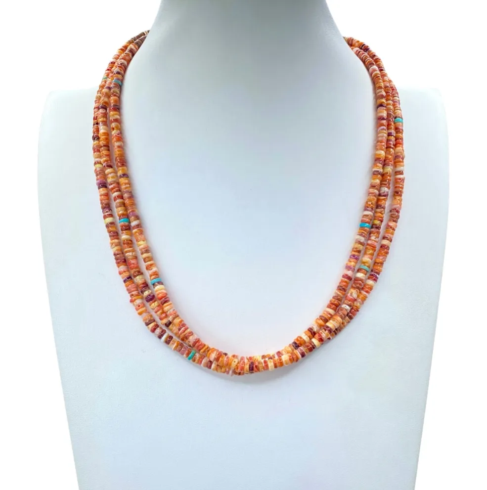 Spiny Oyster Shell Three Strand Necklace and Silver Cactus Pendant