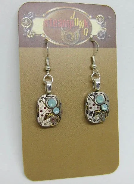Steampunk watch earrings - Almost Time  - Steampunk Earrings - Teal Opal Swarovski Crystals - Repurposed art