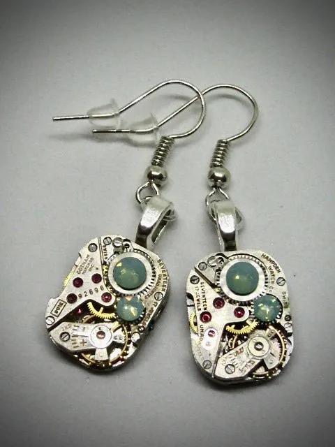 Steampunk watch earrings - Almost Time  - Steampunk Earrings - Teal Opal Swarovski Crystals - Repurposed art