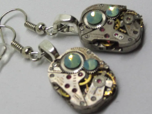 Steampunk watch earrings - Almost Time  - Steampunk Earrings - Teal Opal Swarovski Crystals - Repurposed art