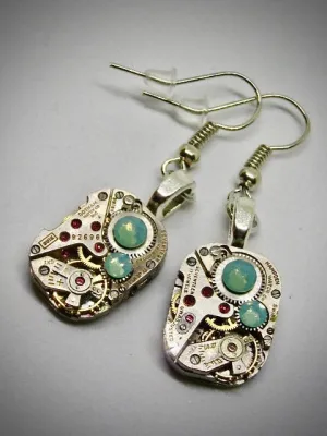 Steampunk watch earrings - Almost Time  - Steampunk Earrings - Teal Opal Swarovski Crystals - Repurposed art