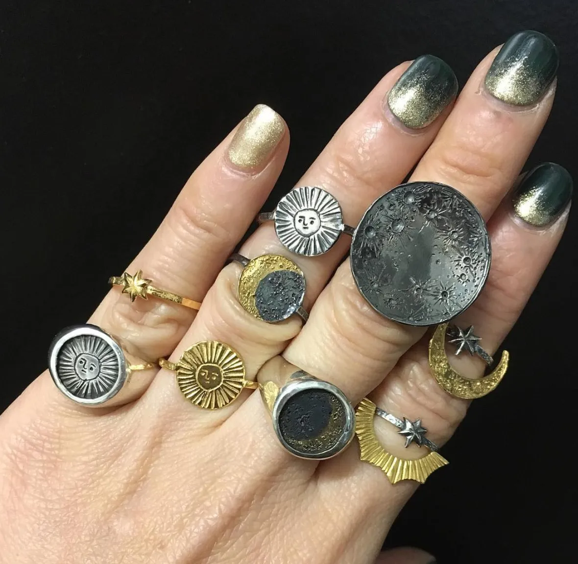 Sun signet ring oxidised silver