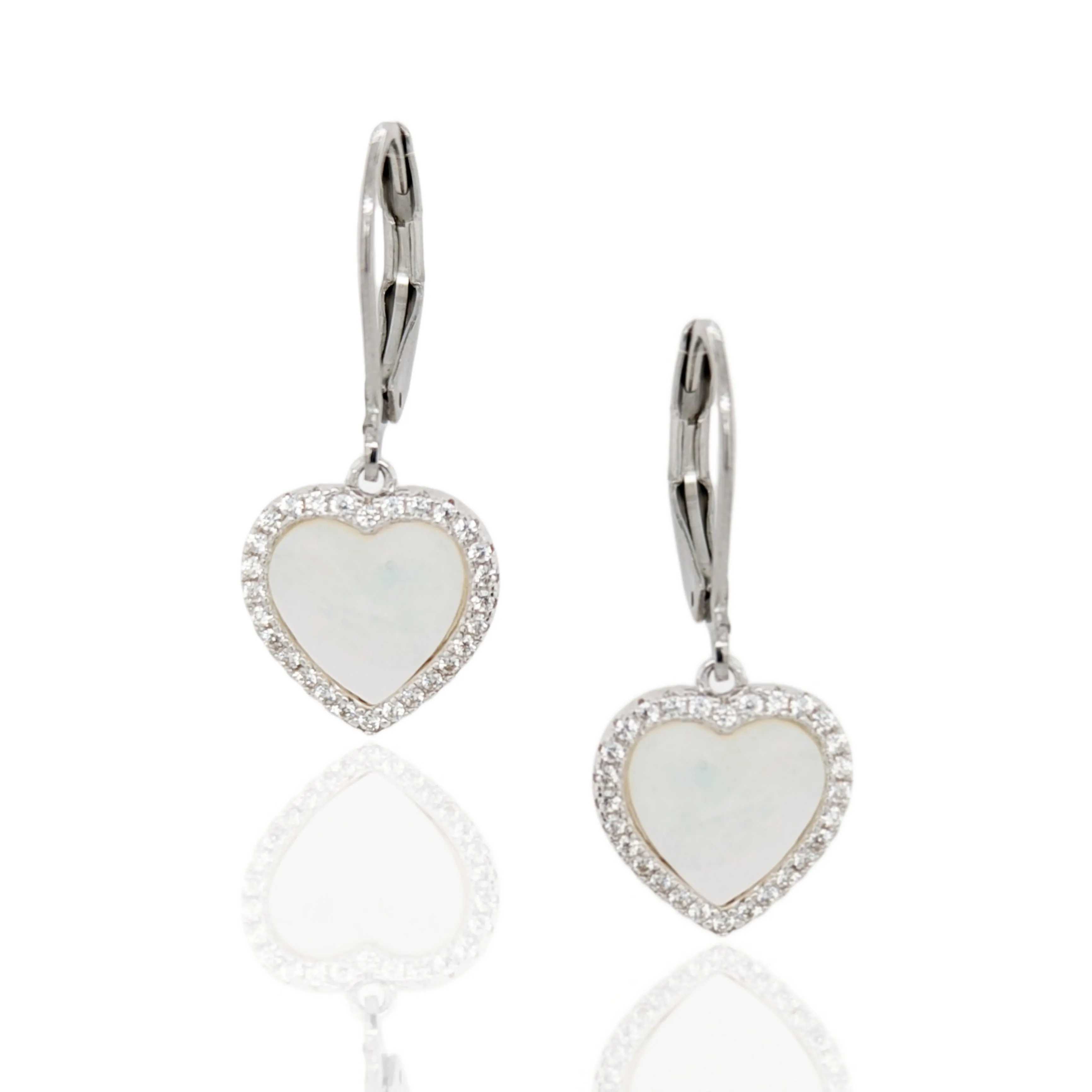 Surgical Steel with Sterling Silver Mother of Pearl Hearts Leverback Earrings